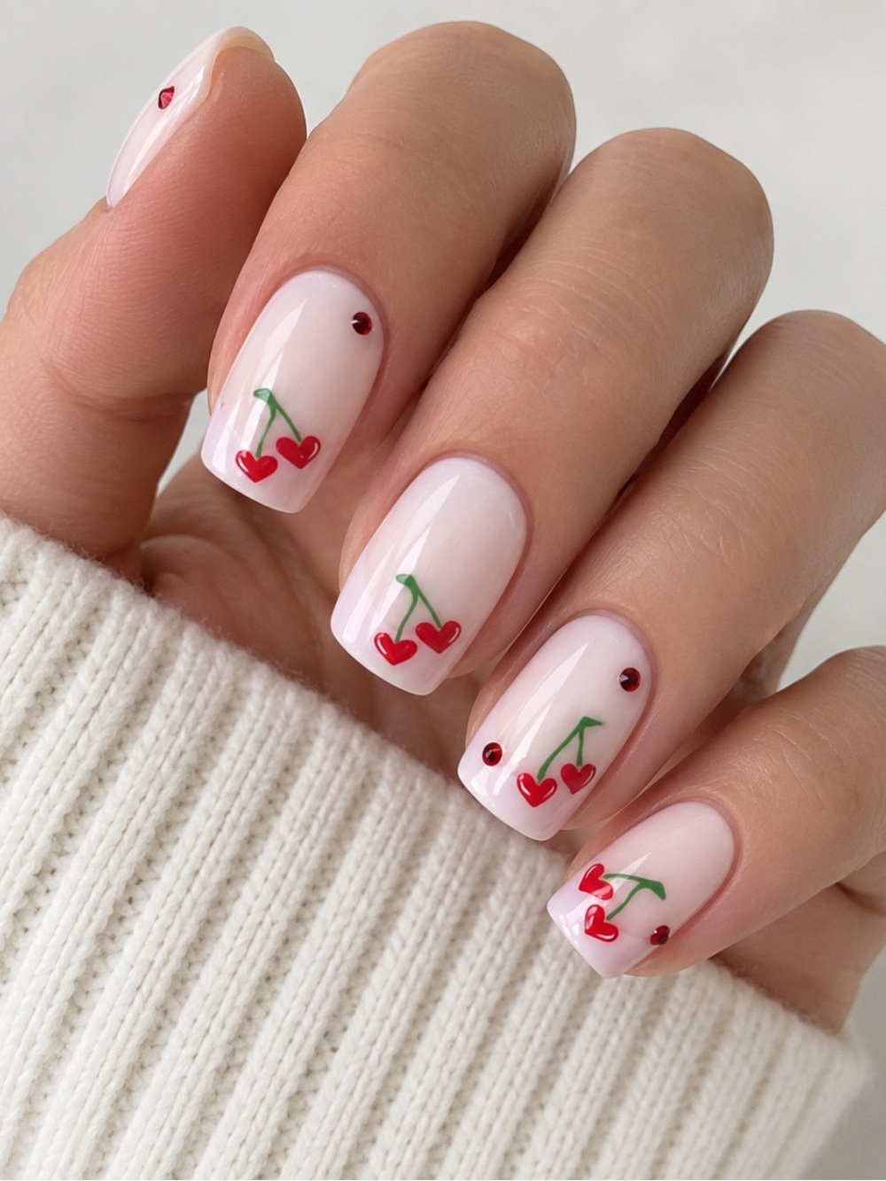 🍒 Cherry Press On Nails | 24 Piece Short Square Glossy Pink French Tip Nail Set